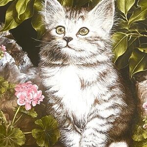“What’s That?”  1993 lithograph art print 8X10 kitten & geraniums